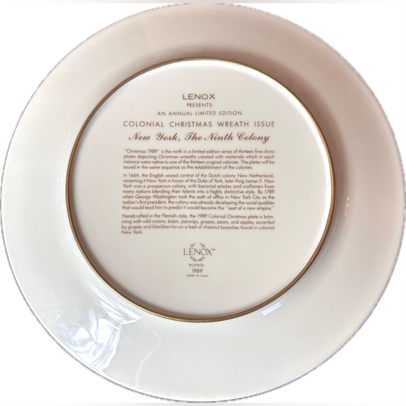Lenox Christmas 1989 NY-The 9th Colony Collectible-Decor Plate Colonial Wreath - Picture 2 of 4